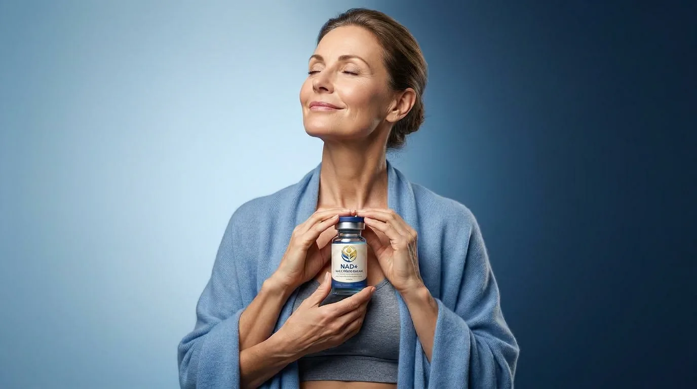 Man holding a vial of injectable NAD+ against a blue studio backdrop