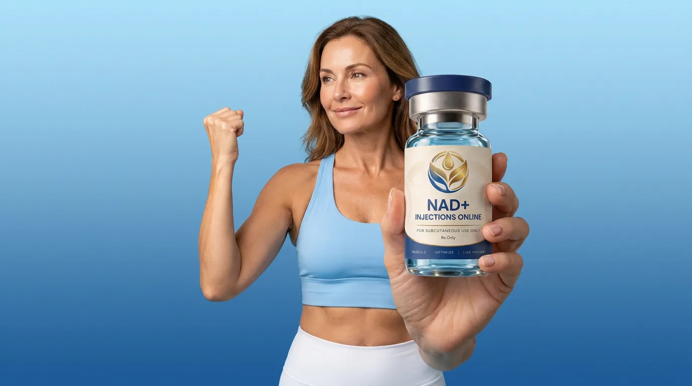Man holding a vial of injectable NAD+ against a blue studio backdrop
