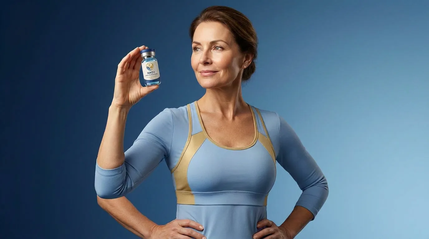 Man holding a vial of injectable NAD+ against a blue studio backdrop