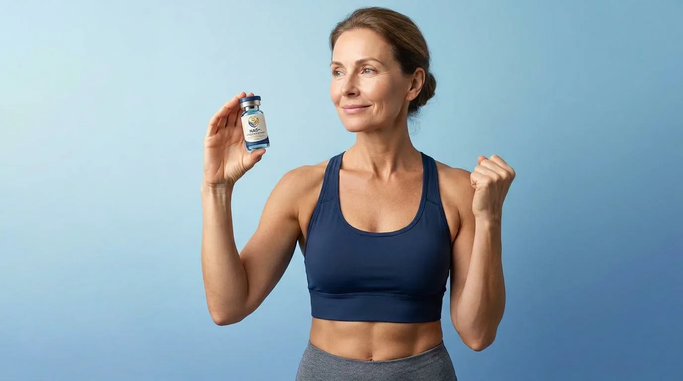 Man holding a vial of injectable NAD+ against a blue studio backdrop