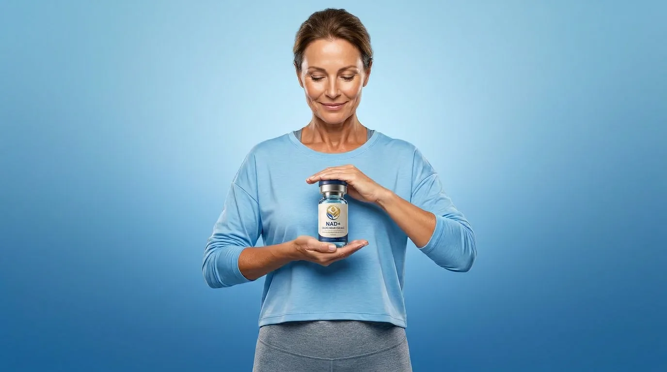 Man holding a vial of injectable NAD+ against a blue studio backdrop