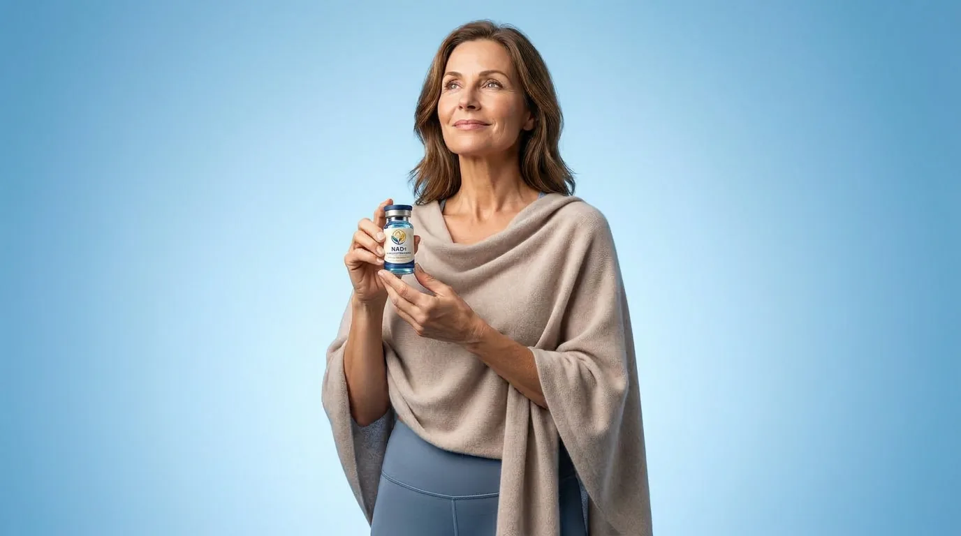Man holding a vial of injectable NAD+ against a blue studio backdrop