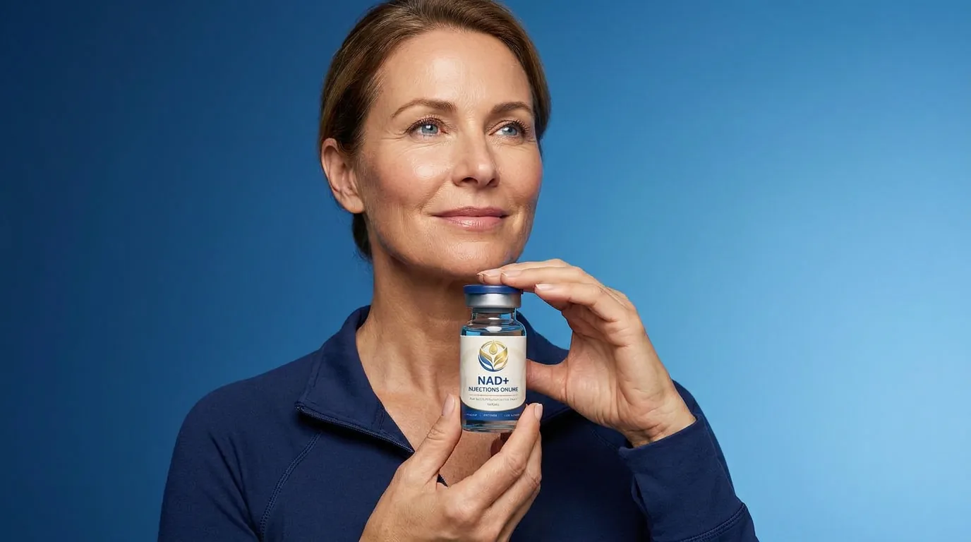 Man holding a vial of injectable NAD+ against a blue studio backdrop
