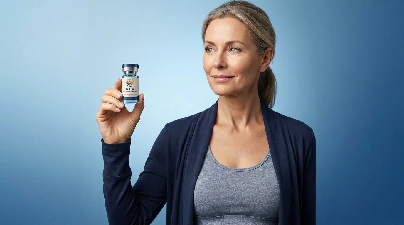 Man holding a vial of injectable NAD+ against a blue studio backdrop