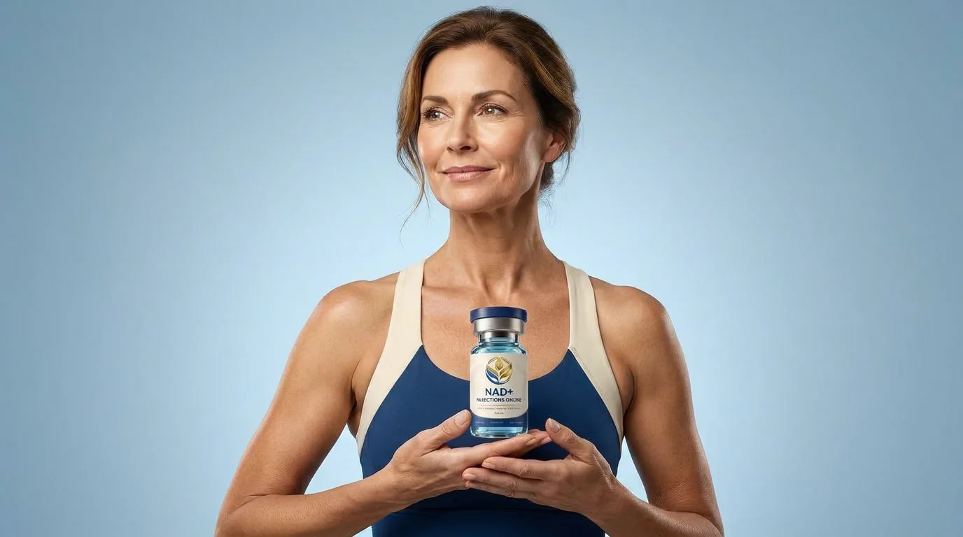 Man holding a vial of injectable NAD+ against a blue studio backdrop