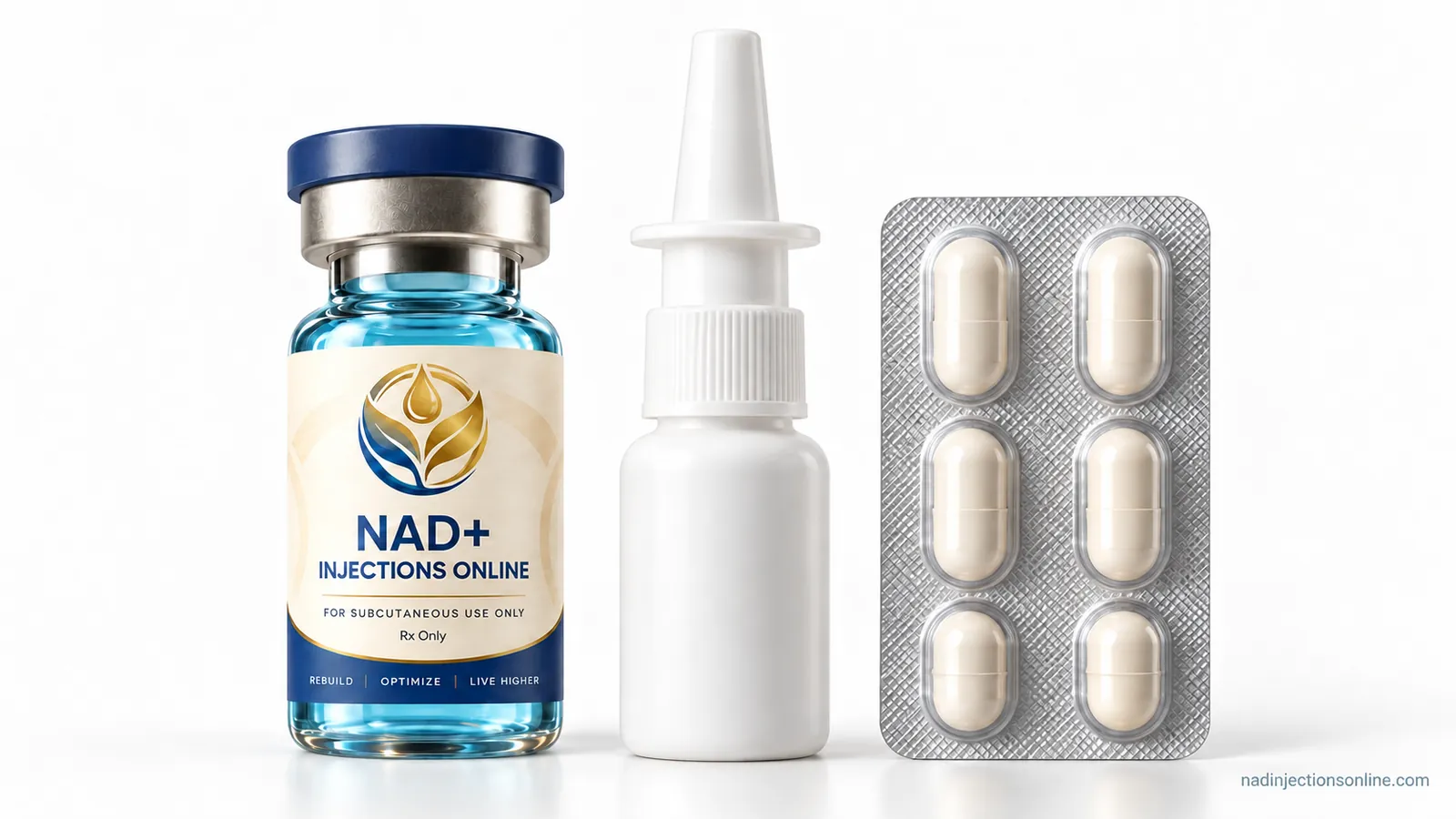 A vial, nasal spray bottle and capsule blister arranged in a row.