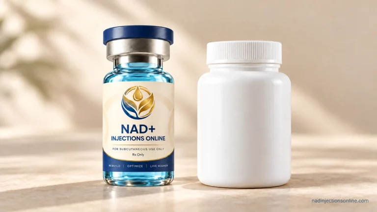A vial and an unlabeled supplement bottle on a neutral surface.