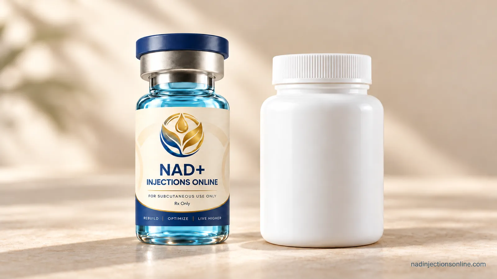 A vial and an unlabeled supplement bottle on a neutral surface.