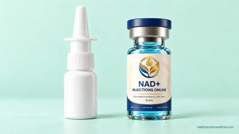 A nasal spray bottle and vial standing apart on a mint surface.
