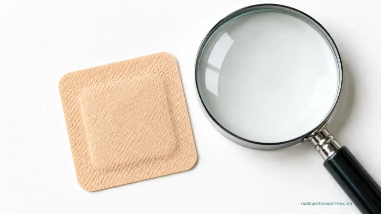 A plain skin patch beside a magnifying lens on a white surface.