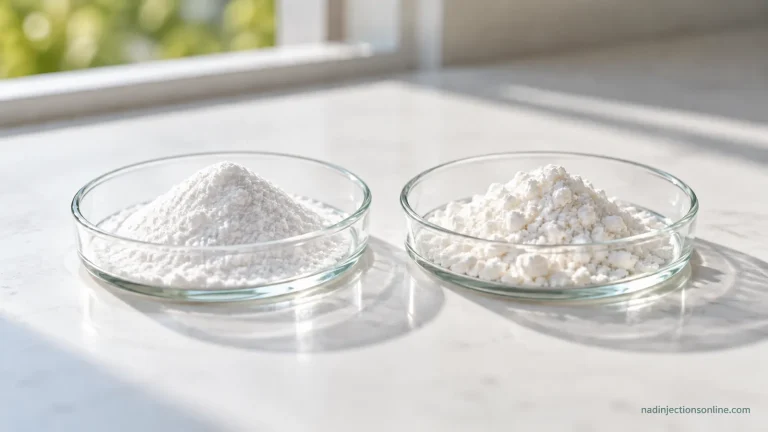 Two glass dishes of white powder on a light bench.