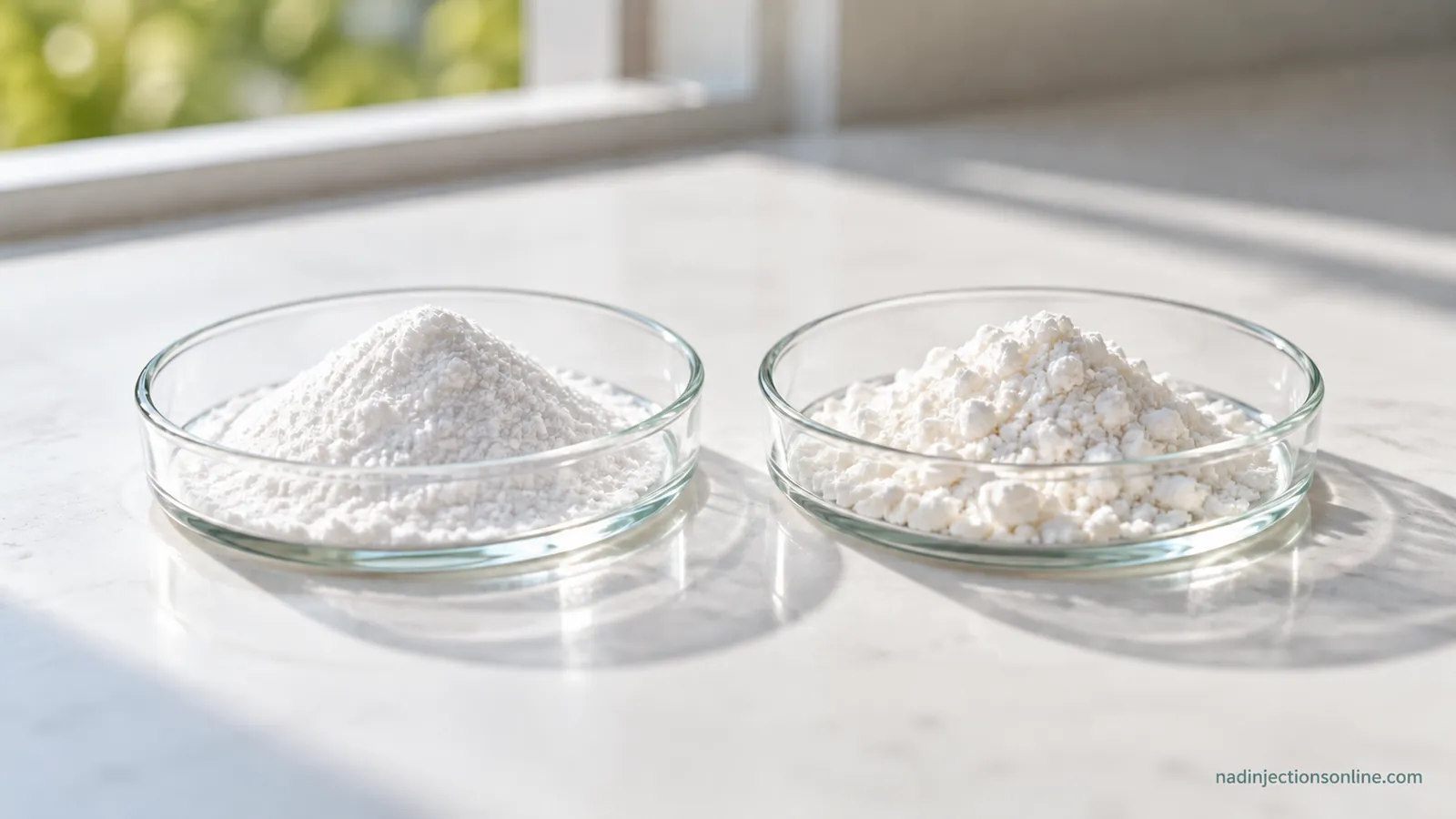 Two glass dishes of white powder on a light bench.