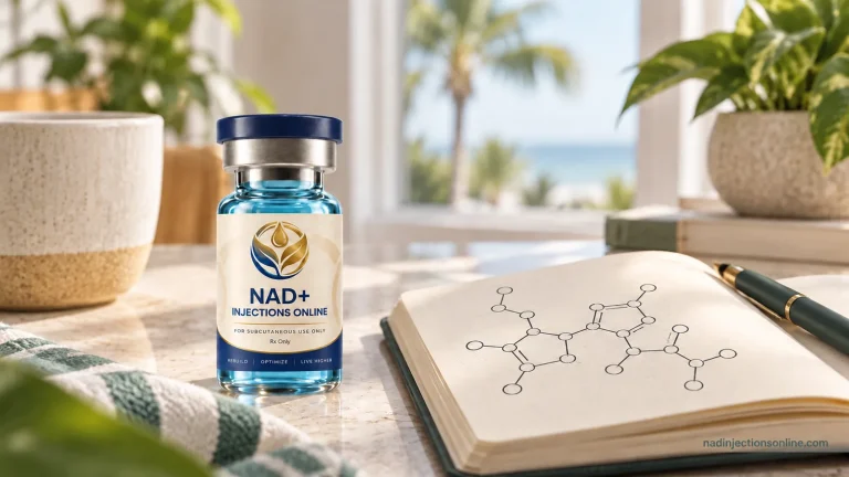 A vial beside an open notebook with a molecule sketch.